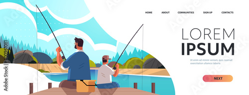 young father fishing with son parenting fatherhood concept dad teaching his kid catching fish at lake nature landscape background full length horizontal copy space vector illustration