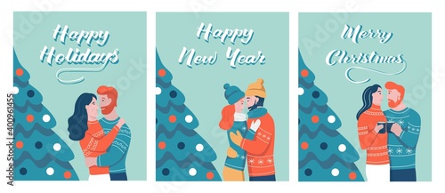 A set of holiday cards for Christmas. Couples in love embrace on the background of the Christmas tree. Lettering merry Christmas, happy new year, happy holidays. Flat cartoon vector illustration.