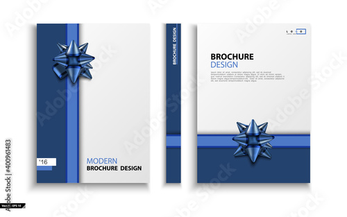 Business cover design, blue bow, ribbon, white, holiday gift. Abstract brochure layout template. Title page, set. Geometric stripes, booklet layout. Logo, annual report. Use of flyers, text, font