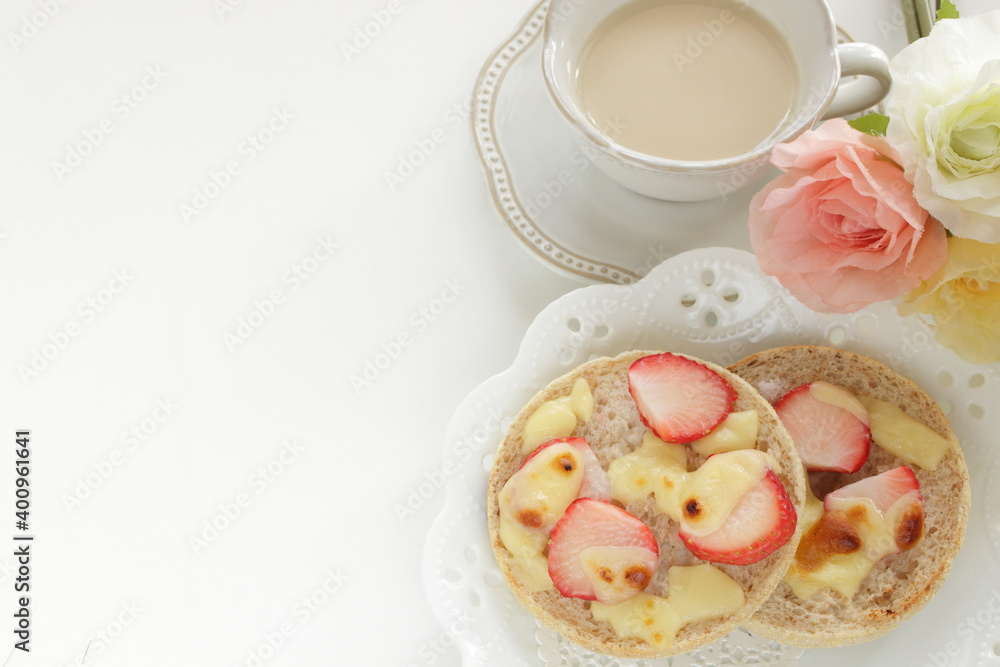 strawberry and cheese with sugar in English muffin toast strawberry and cheese with sugar in English muffin toast