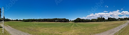 Beautiful panoramic view of a public park with green grass, tall trees and deep blue sky in the background, Centennial park, Sydney, New South Wales, Australia 