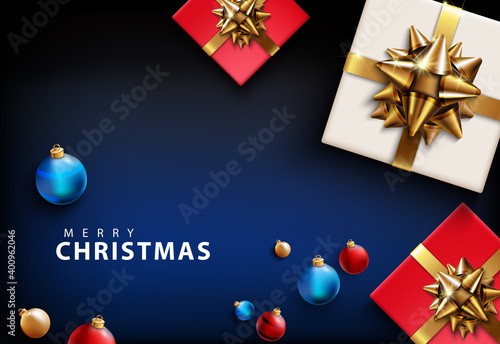 Merry Christmas, Happy New Year 2021. Set, blue background with realistic festive box. Christmas, Xmas present. Gift boxes with a surprise, trinkets, balls. Flyer and brochure. glitter gold, ribbon