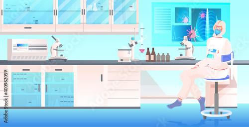 female doctor in mask and protective suit working with test tube in medical lab vaccine development fight against covid-19 concept laboratory interior horizontal full length vector illustration