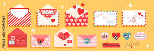 Valentine's day envelopes and cards in red and pink color flat style. Postcards and letters for lovers. Vector stock illustration