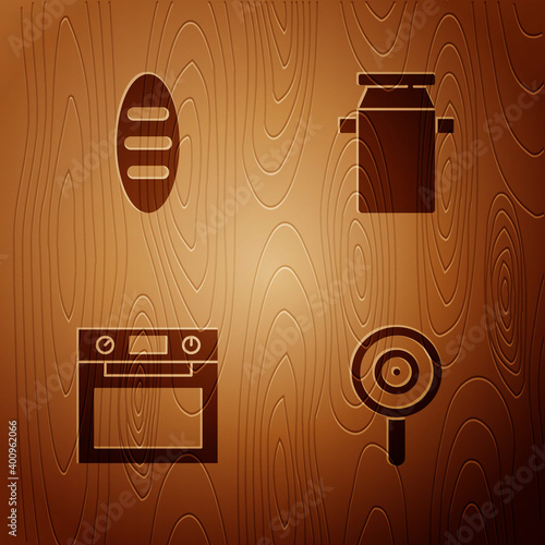 Set Lollipop, Bread loaf, Oven and Can container for milk on wooden background. Vector.
