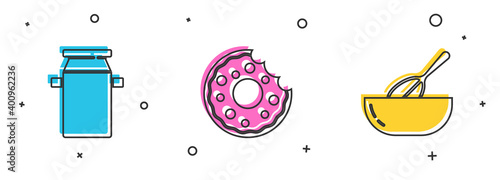 Set Can container for milk, Donut and Kitchen whisk and bowl icon. Vector.