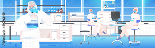 doctors team in masks and protective suits working with test tubes vaccine development fight against covid-19 concept medical lab interior horizontal vector illustration
