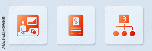Set Business finance report, Trading courses and Blockchain technology Bitcoin. White square button. Vector.