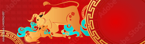 chinese new year of ox bull buffalo zodiac sign greeting card flyer invitation poster horizontal vector illustration