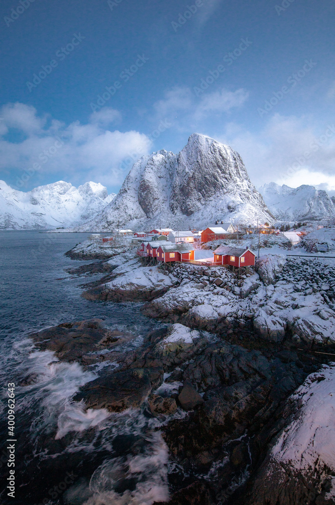 Famous tourist,Hamnoy fishing village on Lofoten Islands, Norway in winter