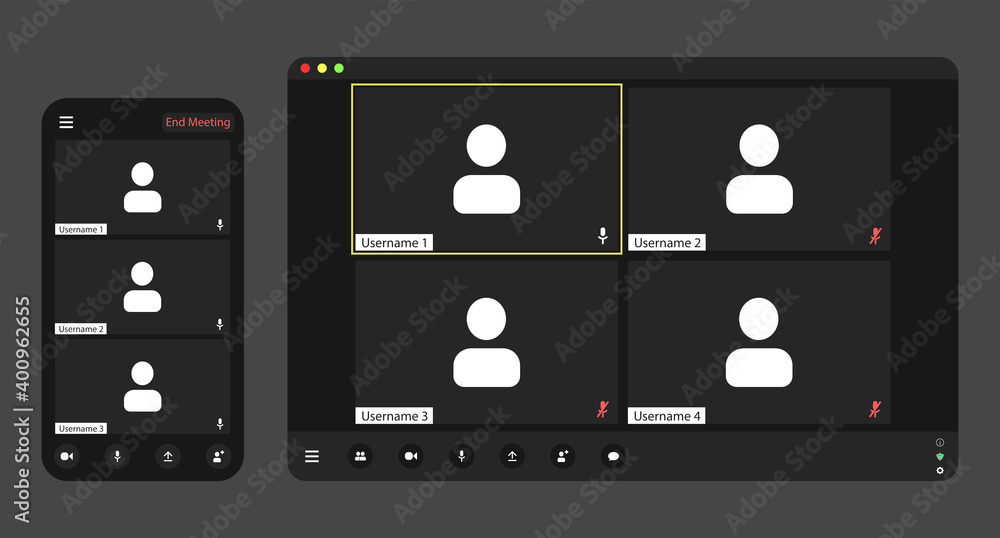 Template video conference user interface, video conference calls window overlay. Three-Four users. Template video conference user interface, video conference calls window overlay. Three-Four users.