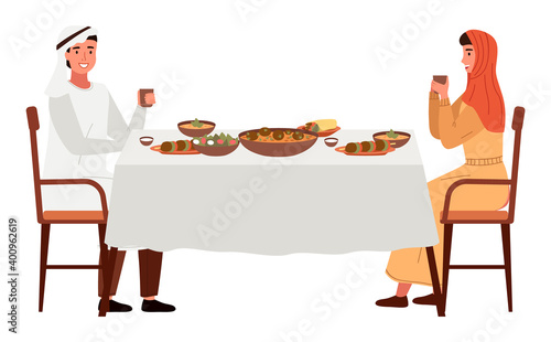 Dining room in arabic style vector illustration. Dining table with falafel and hummus. Arrangement of furniture. Family eating kosher food. People in national arabic costumes have dinner together