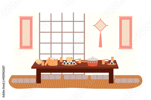 The dining room in oriental style flat vector illustration. Dining table with sushi and manti. Furniture model for the interior of a room with Japanese elements. Arrangement of furniture at home