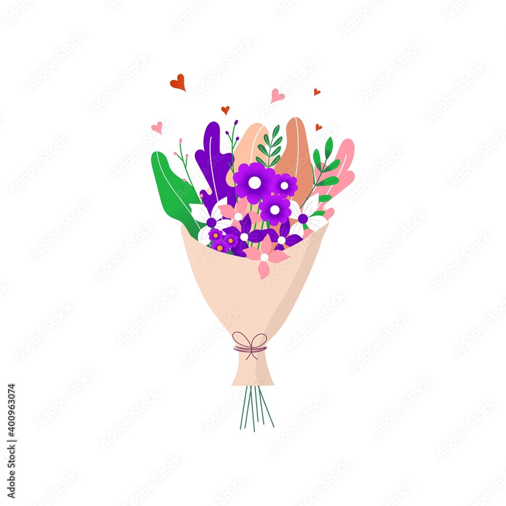 Fototapeta premium Bouquet of spring wild and garden blooming flowers with other decor elements isolated on white background. Flat design. Paper cut style. Hand drawn trendy vector greeting card.