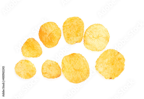 Potato chips isolated on white background. Flat lay, top view.