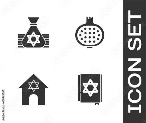 Set Jewish torah book, money bag, synagogue and Pomegranate icon. Vector.