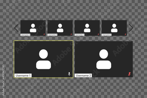 Video conferencing user interface template with individual windows on a transparent background. Four users.