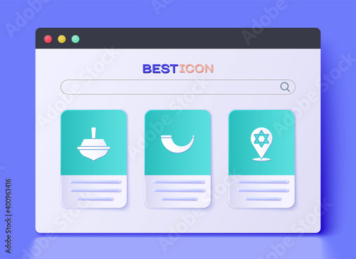 Set Traditional ram horn, shofar, Hanukkah dreidel and Star David icon. Vector.
