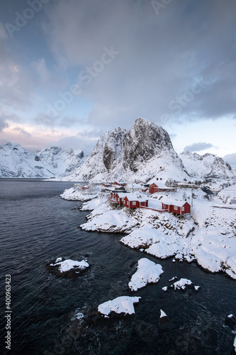 Famous tourist,Hamnoy fishing village on Lofoten Islands, Norway in winter