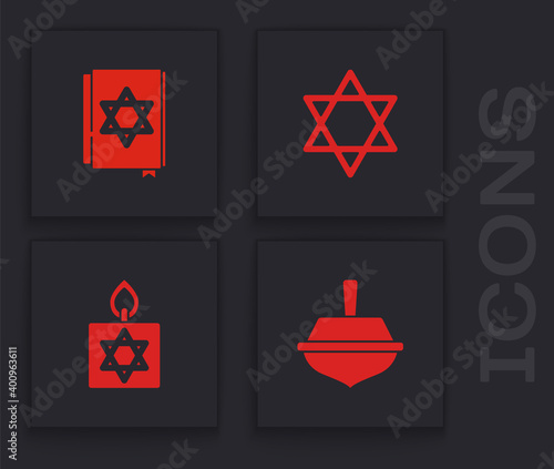 Set Hanukkah dreidel, Jewish torah book, Star of David and Burning candle icon. Vector.