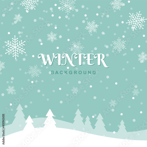 Winter season landscape with Christmas tree and snowflakes. Vector background.