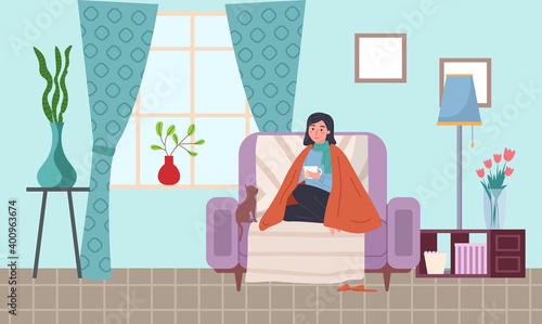 Female character is having a cold and sitting in armchair. Cat owner is sick at home vector illustration. The kitten sits next to the woman and looks at her. Girl being treated for flu in apartment photo