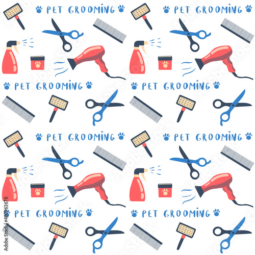 Styling and grooming professional  pet  care hair salon in cartoon style. Hand drawn and tools - hairdryer, scissors, hairbrush.  Design pattern, seamless, background, wallpaper, fabric, paper.