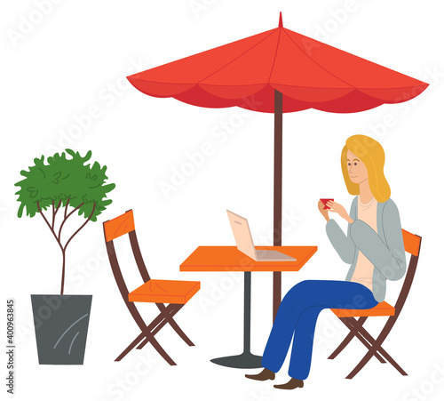Young Woman sitting at a table in a cafe and correspondence surfing the Internet. Girl communicating through network on the laptop. Social media network communication digital gadget addiction