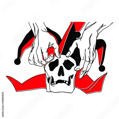 Skull in jester hat. Scary skull clown vector art. Jester skull wearing fools hat