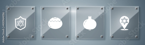 Set Star of David, Pomegranate, Jewish sweet bakery and Shield with. Square glass panels. Vector.