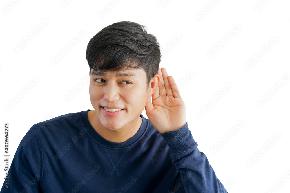 close up on asian man smiling and using hand behind ear to listening in sign language isolated on white background for communication concept close up on asian man smiling and using hand behind ear to listening in sign language isolated on white background for communication concept