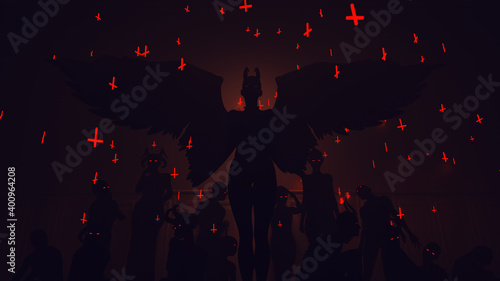 Фотография Devil Women Black Demon Fallen Angel with Red Eyes Surrounded By Lesser Demons a