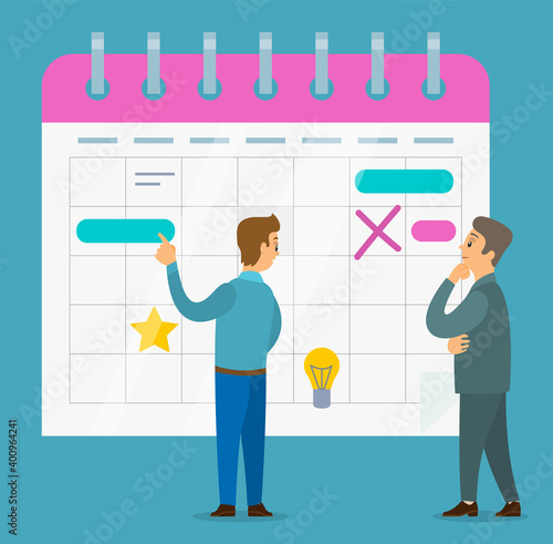 Office worker characters discussing operating schedule. Businessman check the planned calendar. Business people talking communication, discuss presentation of designful tasks. Business meeting concept