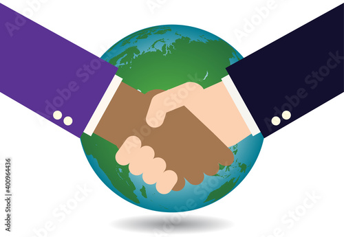 握手をする手と地球 多様性のある社会で Shaking hands and the globe in diverse society