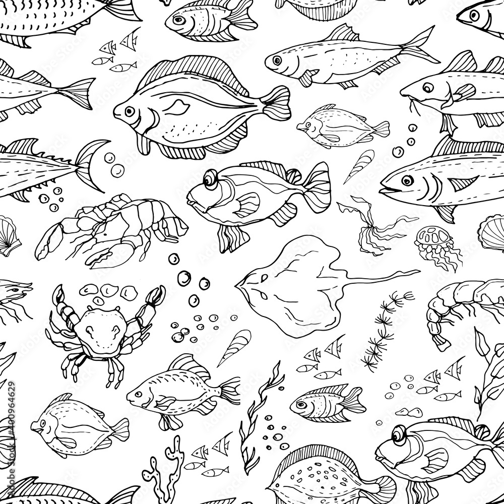 Fish, crabs, seafood. Shrimp, halibut, tuna, shrimp, flounder. Seamless pattern. Hand drawn watercolor illustration. travel, sea, ocean, food. print, textiles
Fish, crabs, seafood. Shrimp, halibut, tuna, shrimp, flounder. Seamless pattern. Hand drawn watercolor illustration. travel, sea, ocean, food. print, textiles
