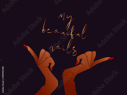 Nails art salon vector logo.Illustration of Afro American woman hands with elegant, beautiful manicure.Cosmetics, beauty, spa and style icon isolated on dark background.Shiny red nail polish.
