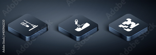 Set Isometric Test tube flask on fire, Gaseous and Petri dish with pipette icon. Vector.