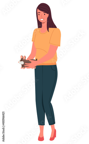 Portrait of young smiling woman with cute hamster in hands. Cheerful girl carries her little pet. Cartoon female character holding brown cavy flat vector design. Mistress with domestic animal rodent