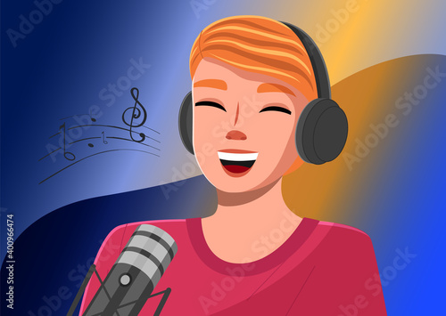 Young man with headphones singing a song or talking to a microphone vector illustration. Recording a song in a sound studio. Cute smiling singer engaged in a vocal course, record audio lesson