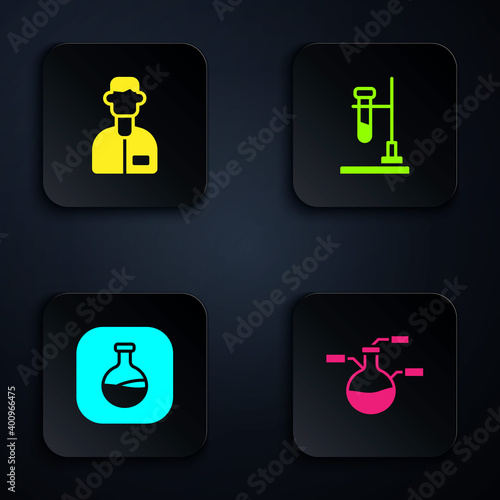 Set Test tube and flask, Laboratory assistant, and on fire. Black square button. Vector.