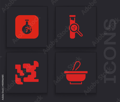 Set Mortar and pestle, Cracked flask, Test tube and Gaseous icon. Vector.