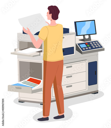 Young man working in typography at print to printer. Concept employee character, electronic device, laptop and computer, paint service. Vector illustration print house worker isolated on white