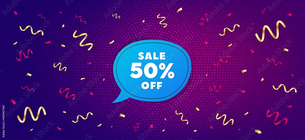 Fototapeta premium Sale 50 percent off bubble banner. Festive confetti background with offer message. Discount sticker shape. Coupon badge icon. Best advertising confetti banner. Sale bubble badge shape. Vector