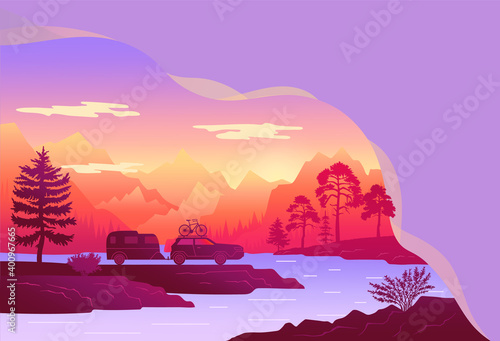 Travelling by car with travel trailer and bike on the roof in mountains. Time to travel. Travel by machine banner, poster template, colorful web page design. Car tourism. Road trip around the world