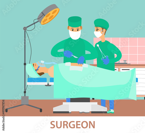 Masked man makes an incision with a scalpel. Assistant holding a tampon. Team of specialists works with human body. Surgeons perform an operation. Patient lies on operating table under light of lamp