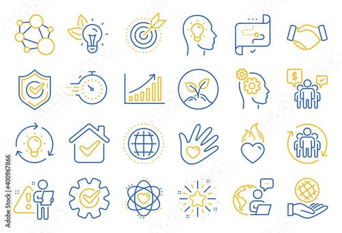 Core values line icons. Integrity, Target purpose and Strategy. Trust handshake, social responsibility, commitment goal icons. Growth chart, innovation, core values network. Line icon set. Vector