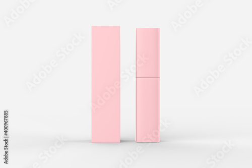 Lip Gloss Mockup with cardboard packaging box isolated on white background. Copy space for creative design and logo. Luxurious beauty product for lip skin care.