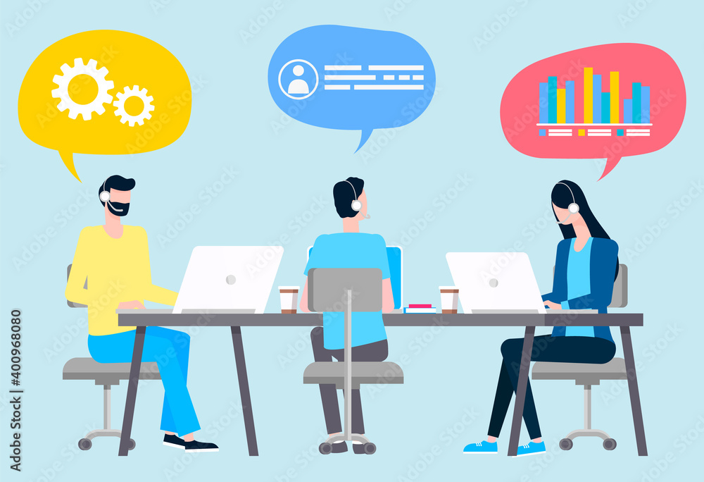 Real estate brokers analyze sales and planning work looking at statistics date. Men in headset, online consultants at computer, bank clerks or office workers Real estate brokers analyze sales and planning work looking at statistics date. Men in headset, online consultants at computer, bank clerks or office workers