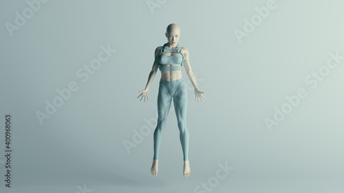 Futuristic Floating Female Character in Turquoise Leggings Sports Bra and Straps 3d illustration render