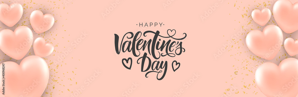 Happy Valentine's Day vector banner with realistic pink balloons. Modern calligraphy for Valentine's Day.